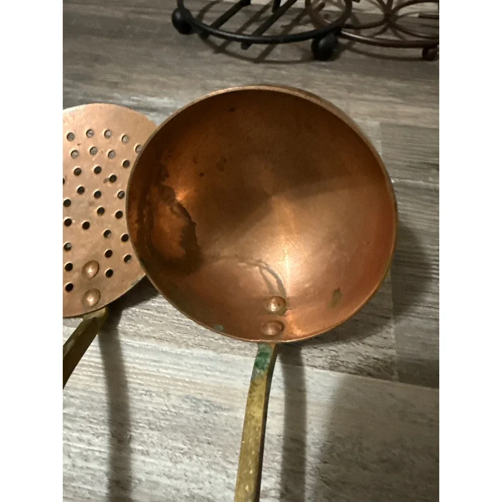 Vintage Copper and Brass Kitchen Utensil Set Ladle Skimmer Fork 3 Piece Rustic